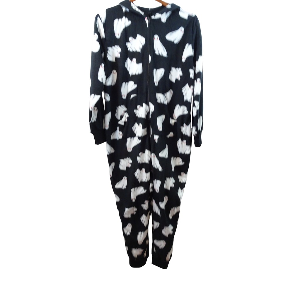Torrid Sleep Ghost Print Fleece Hooded One Piece Pajama Black Size 1/2 Halloween